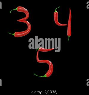 3D rendu des lettres majuscules du piment rouge - chiffres 3-5 Banque D'Images