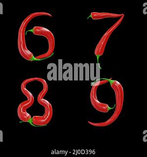 3D rendu des lettres majuscules du piment rouge - chiffres 6-9 Banque D'Images