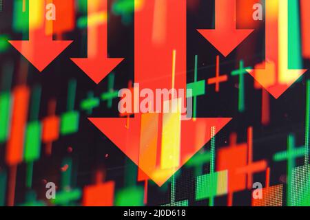 Flèches rouges décroissantes montrant la détérioration de l'économie ou la chute des stocks à la bourse. Banque D'Images