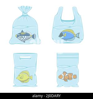 Jeu d'illustrations avec poisson dans des sacs en plastique. Objets vectoriels isolés sur fond blanc. Illustration de Vecteur