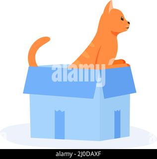 Le chat au gingembre est placé dans une boîte. Un animal domestique mignon joue dans une boîte en papier. Espace de repos et de masquage pour un doux fiend. Vecteur de style plat Illustration de Vecteur