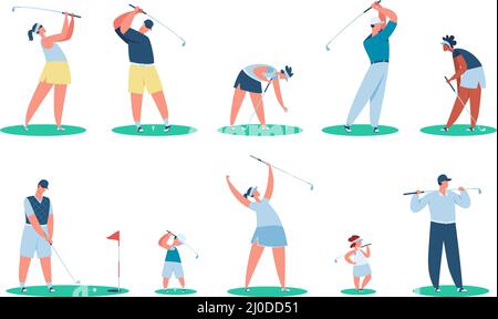 Personnages de golf, joueurs de golf avec clubs, golf pour enfants. Golfeurs frapper le ballon avec le club, les gens jouant au golf, ensemble de vecteur de sports de plein air. Femme, homme et enfants participant au championnat Illustration de Vecteur