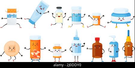 Caricature médicale personnages avec visages drôles, mascottes de médecine. Pilules et comprimés en bouteilles, médicaments, médicaments pharmaceutiques ensemble de vecteurs de mascotte. Vitamines gaies, remède et patch Illustration de Vecteur