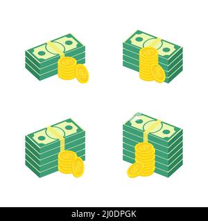 Ensemble de liasses de dollars isométriques et de pièces de monnaie dorées. Économie, finance, concept monétaire. Illustration de Vecteur