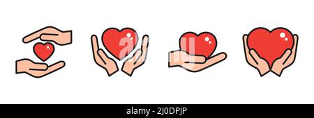 Jeu d'icônes colorées coeur avec mains. Collection de symboles d'assistance et d'assistance. Illustration de Vecteur