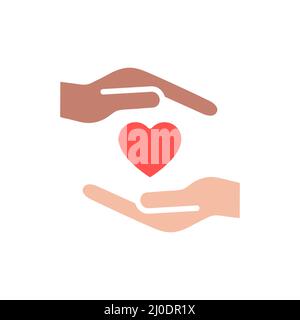 Icône en forme de coeur et de mains colorées. Symbole multiculturel de l'aide humaine et du soutien. Illustration de Vecteur