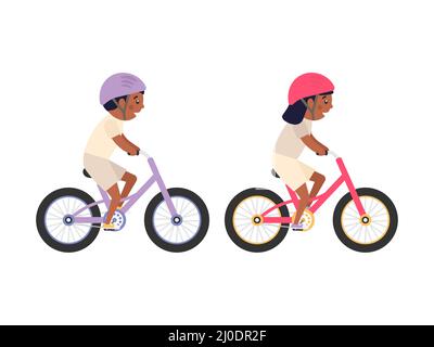 Mignon heureux enfants américains à vélo. Les jeunes filles et les garçons africains sont à vélo. Un mode de vie sain. Illustration de Vecteur