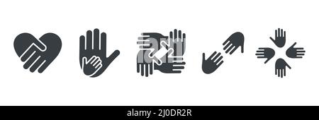Collection de symboles Friendship Arms Line. Pictogramme du travail d'équipe d'entreprise. Ensemble mains à contour noir. Illustration de Vecteur