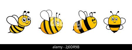 Jeu de personnages de dessin animé Bee. Collection Happy cute Bees avec grands yeux. Illustration de Vecteur