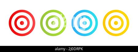 Ensemble d'icônes colorées de cible de tir à l'arc. Symboles d'objectif avec collection de flèches d'arc. Éléments de jeu de fléchettes. Illustration de Vecteur