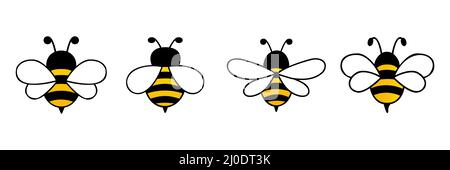 Jeu de personnages de dessin animé Bee. Collection Happy cute Bees avec grands yeux. Illustration de Vecteur