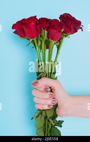 Restez simple mais beau. Coupe courte d'une femme méconnue tenant des roses sur fond bleu. Banque D'Images