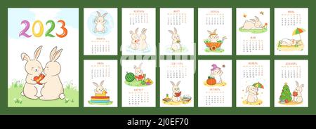 Calendrier 2023 en russe avec lapin, organisateur. Couverture et pages personnage de lapin mascotte symbole année. Modèle de dessin animé plat, joli lièvre est la plage, donne le cadeau, lire le livre, halloween Pâques vecteur Illustration de Vecteur