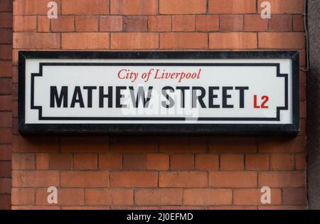 Mathew Street L2, panneau ville de Liverpool Banque D'Images