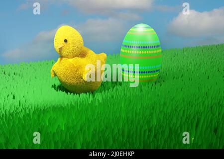 Bébé poulet avec oeuf de Pâques dans la prairie. Banque D'Images