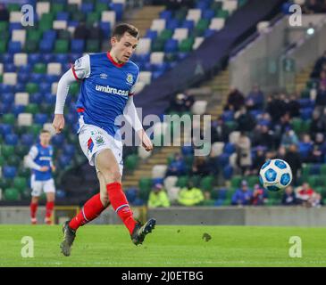 Windsor Park, Belfast, Irlande du Nord, Royaume-Uni. 08 févr. 2022. Danske Bank Premiership – Linfield 2 Larne 1. Stephen Fallon Linfield (bleu-20) Banque D'Images