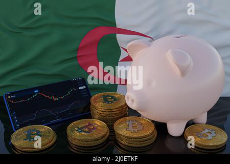 Le Bitcoin et la crypto-monnaie investissent. Drapeau algérien en arrière-plan. Piggy Bank, le concept de l'épargne. Application mobile pour le trading sur actions. 3d fin Banque D'Images