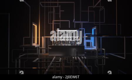 Coronavirus Wuhan, Chine inscription COVID-19 entourée d'une structure de connexions sous forme de tuyaux ou de tenacles technologiques. Moi Banque D'Images