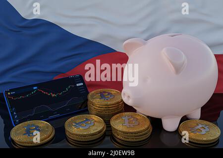 Le Bitcoin et la crypto-monnaie investissent. Drapeau de la République tchèque en arrière-plan. Piggy Bank, le concept de l'épargne. Application mobile pour le trading sur actions. 3 Banque D'Images