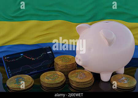 Le Bitcoin et la crypto-monnaie investissent. Drapeau du Gabon en arrière-plan. Piggy Bank, le concept de l'épargne. Application mobile pour le trading sur actions. 3d rendu Banque D'Images