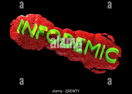 Concept de lettrage d'Infodemia sur la pandémie et de fausses informations avec le coronavirus covid-19. 3d illustration isolée sur la bande noire Banque D'Images