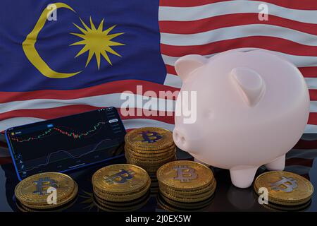 Le Bitcoin et la crypto-monnaie investissent. Drapeau de Malaisie en arrière-plan. Piggy Bank, le concept de l'épargne. Application mobile pour le trading sur actions. 3d fin Banque D'Images