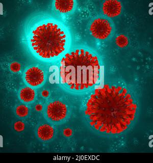 Coronavirus Wuhan, Chine COVID-19 fond avec des molécules de cellules corona autour. Illustration de la condition épidémique 3D sur bac vert Banque D'Images