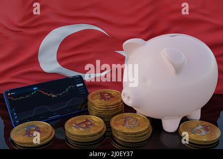 Le Bitcoin et la crypto-monnaie investissent. Drapeau de la Turquie en arrière-plan. Piggy Bank, le concept de l'épargne. Application mobile pour le trading sur actions. 3d rendu Banque D'Images