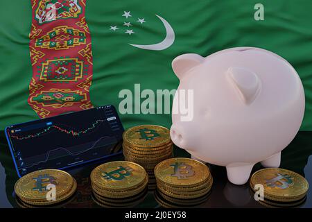 Le Bitcoin et la crypto-monnaie investissent. Drapeau du Turkménistan en arrière-plan. Piggy Bank, le concept de l'épargne. Application mobile pour le trading sur actions. 3d Banque D'Images