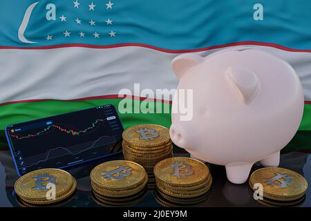Le Bitcoin et la crypto-monnaie investissent. Drapeau d'Ouzbékistan en arrière-plan. Piggy Bank, le concept de l'épargne. Application mobile pour le trading sur actions. 3d réf Banque D'Images