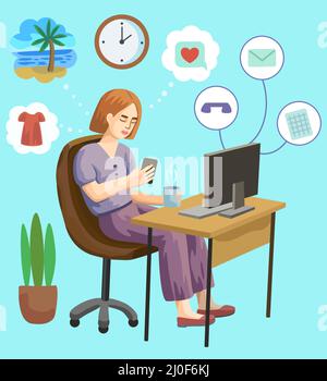 Jeune belle femme au bureau rêvant et procrastining au lieu de travailler. Illustration de dessin animé vectoriel. Illustration de Vecteur