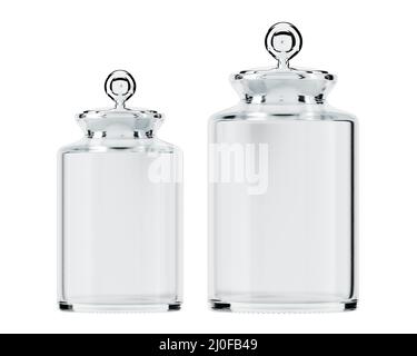 Deux bocaux en verre transparent vides avec couvercles sur un fond isolé. Rendu 3D Banque D'Images