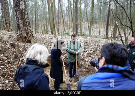 Berlin, Allemagne. 17th mars 2022. Grunewald: Grunwald: Le ministre fédéral de l'alimentation et de l'agriculture, CEM Özdemir, avec une bêche en main et à côté de lui le sénateur de Berlin pour l'environnement, la mobilité, les consommateurs et la protection du climat, Bettina Jarasch (photo de Simone Kuhlmey/Pacific Press) crédit: Pacific Press Media production Corp./Alay Live News Banque D'Images