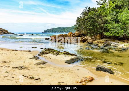 Rivière qui coule dans la plage entre la mer, les rochers et la forêt tropicale de Trindade Banque D'Images