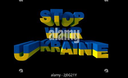 L'inscription Stop war Ukraine dans les couleurs du drapeau national sur fond noir. Aucune guerre 3D ne rend Banque D'Images