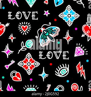 Motif tatouage Old School sans couture avec symboles amour. Design pour la Saint-Valentin, papier d'emballage, emballage, textiles Banque D'Images