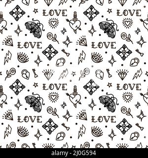 Motif tatouage Old School sans couture avec symboles amour. Design pour la Saint-Valentin Banque D'Images