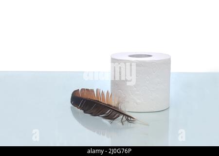 Papier toilette et plume d'oiseau, symbole du toucher doux. Banque D'Images