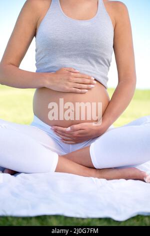 Copain d'entraînement à bord. Plan court d'une femme enceinte faisant du yoga à l'extérieur. Banque D'Images