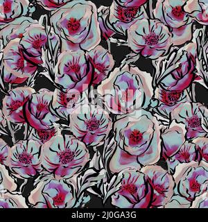 Motif élégant sans couture avec fleurs roses poussiéreuses de tulipe, pivoine, rose Banque D'Images