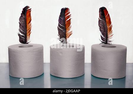 Papier toilette et plume d'oiseau, symbole du toucher doux. Banque D'Images