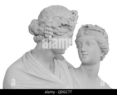 Sculpture ancienne de Bacchus et Ariadne. Statue homme et femme en marbre isolée sur fond blanc. Banque D'Images