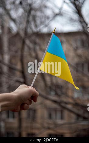 Le poing d'un homme porte le drapeau ukrainien sur un bâton sur le fond d'un ciel gris et de branches d'arbres et d'un bâtiment civil Banque D'Images