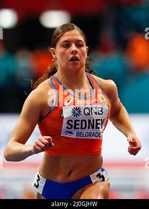 Belgrade, Serbie. 19th mars 2022. Zoe Sedney des pays-Bas en compétition dans les 60m haies des femmes autour de 1 chaleur pendant les Championnats du monde d'athlétisme en intérieur à l'arène de Belgrade le 19 mars 2022 à Belgrade, Serbie (photo par Nikola Krstic/Orange Pictures) Atletiekunie crédit: Orange pics BV/Alay Live News Banque D'Images