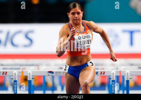 Belgrade, Serbie. 19th mars 2022. Zoe Sedney des pays-Bas en compétition dans les 60m haies des femmes autour de 1 chaleur pendant les Championnats du monde d'athlétisme en intérieur à l'arène de Belgrade le 19 mars 2022 à Belgrade, Serbie (photo par Nikola Krstic/Orange Pictures) Atletiekunie crédit: Orange pics BV/Alay Live News Banque D'Images