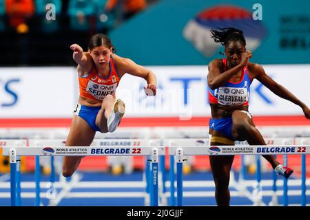 Belgrade, Serbie. 19th mars 2022. Zoe Sedney des pays-Bas en compétition dans les 60m haies des femmes autour de 1 chaleur pendant les Championnats du monde d'athlétisme en intérieur à l'arène de Belgrade le 19 mars 2022 à Belgrade, Serbie (photo par Nikola Krstic/Orange Pictures) Atletiekunie crédit: Orange pics BV/Alay Live News Banque D'Images