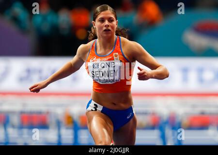 Belgrade, Serbie. 19th mars 2022. Zoe Sedney des pays-Bas en compétition dans les 60m haies des femmes autour de 1 chaleur pendant les Championnats du monde d'athlétisme en intérieur à l'arène de Belgrade le 19 mars 2022 à Belgrade, Serbie (photo par Nikola Krstic/Orange Pictures) Atletiekunie crédit: Orange pics BV/Alay Live News Banque D'Images