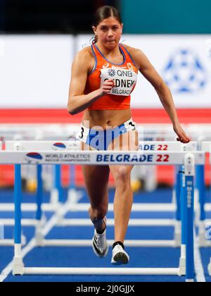 Belgrade, Serbie. 19th mars 2022. Zoe Sedney des pays-Bas en compétition dans les 60m haies des femmes autour de 1 chaleur pendant les Championnats du monde d'athlétisme en intérieur à l'arène de Belgrade le 19 mars 2022 à Belgrade, Serbie (photo par Nikola Krstic/Orange Pictures) Atletiekunie crédit: Orange pics BV/Alay Live News Banque D'Images