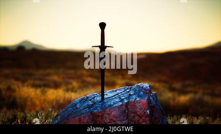 Célèbre épée excalibur du roi Arthur dans le rocher Banque D'Images