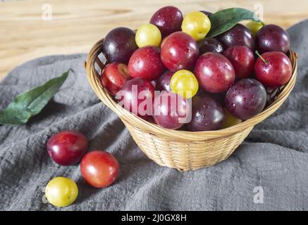 Les prunes mûres dans un grand panier en osier. Banque D'Images